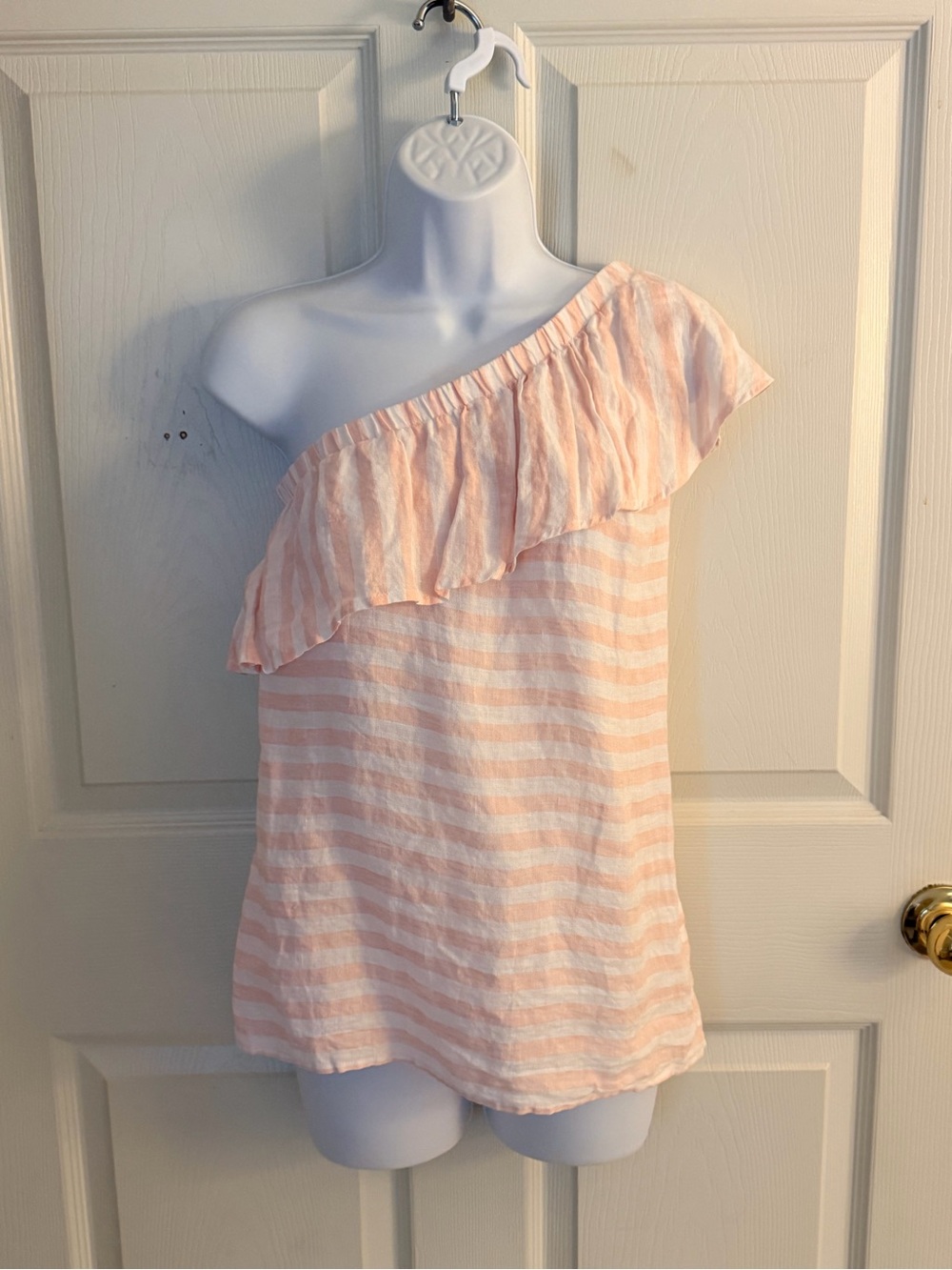 Pink and white striped off shoulder ruffled top Size XS